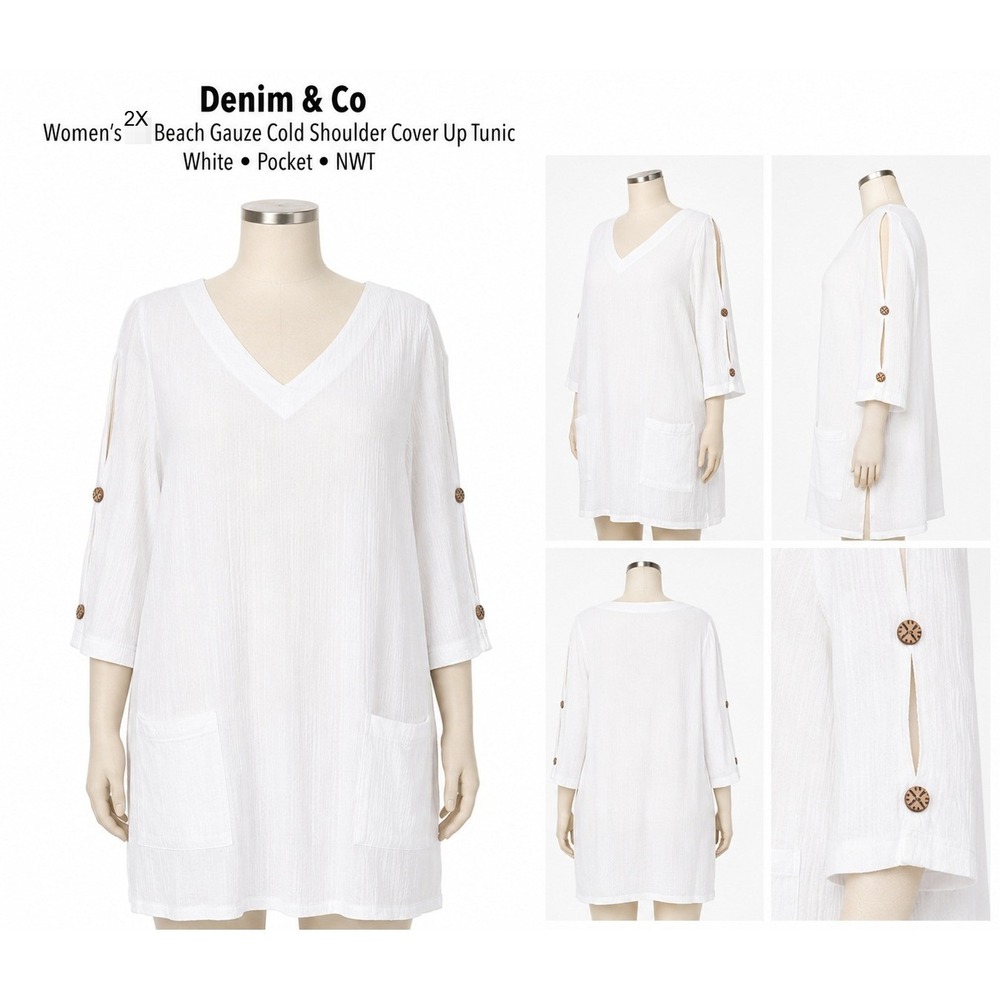 Denim & Co Womens 2X Beach Gauze Cold‎ Shoulder Cover Up Tunic White Pocket NWT